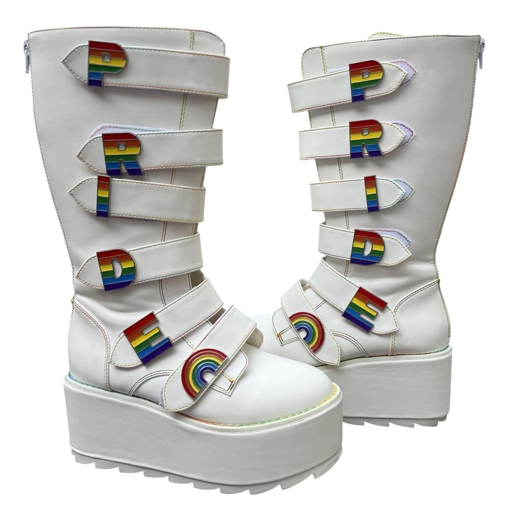 YRU‎ Rainbow Bright Pride Platform Go-Go Boots Sz 7 White Rave Festival Goth 90s